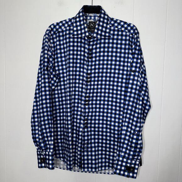 Au Noir Men’s Gingham Plaid Button Down Shirt Blue Size 4 Large - Picture 1 of 6